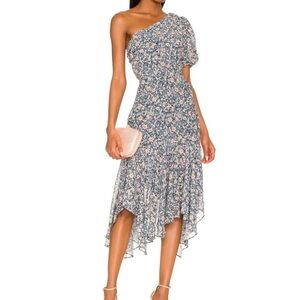 ASTR Santorini One Shoulder Puff Sleeve Midi Dress Blue & Peach Floral Medium M